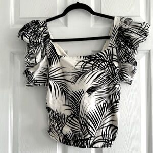 Express Black and White Tropical Blouse Bow Tie Back Size S